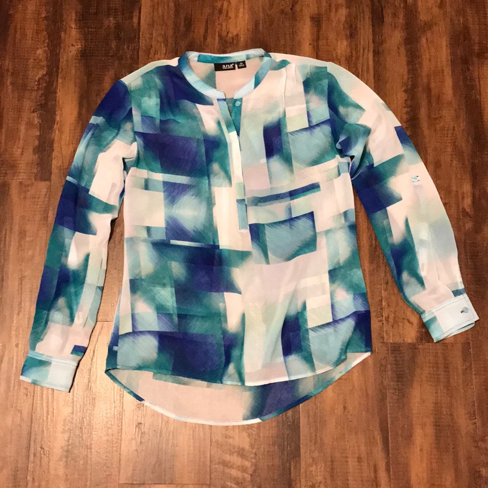 A.N.A white, aqua and teal blouse.